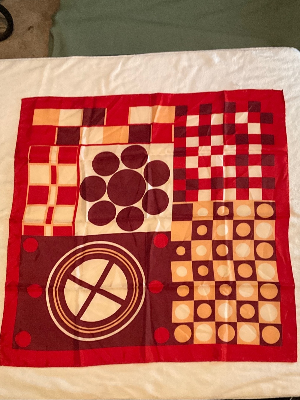 Charles Jourdan 1970s Red Burgundy and Gold Geometric Silk Scarf